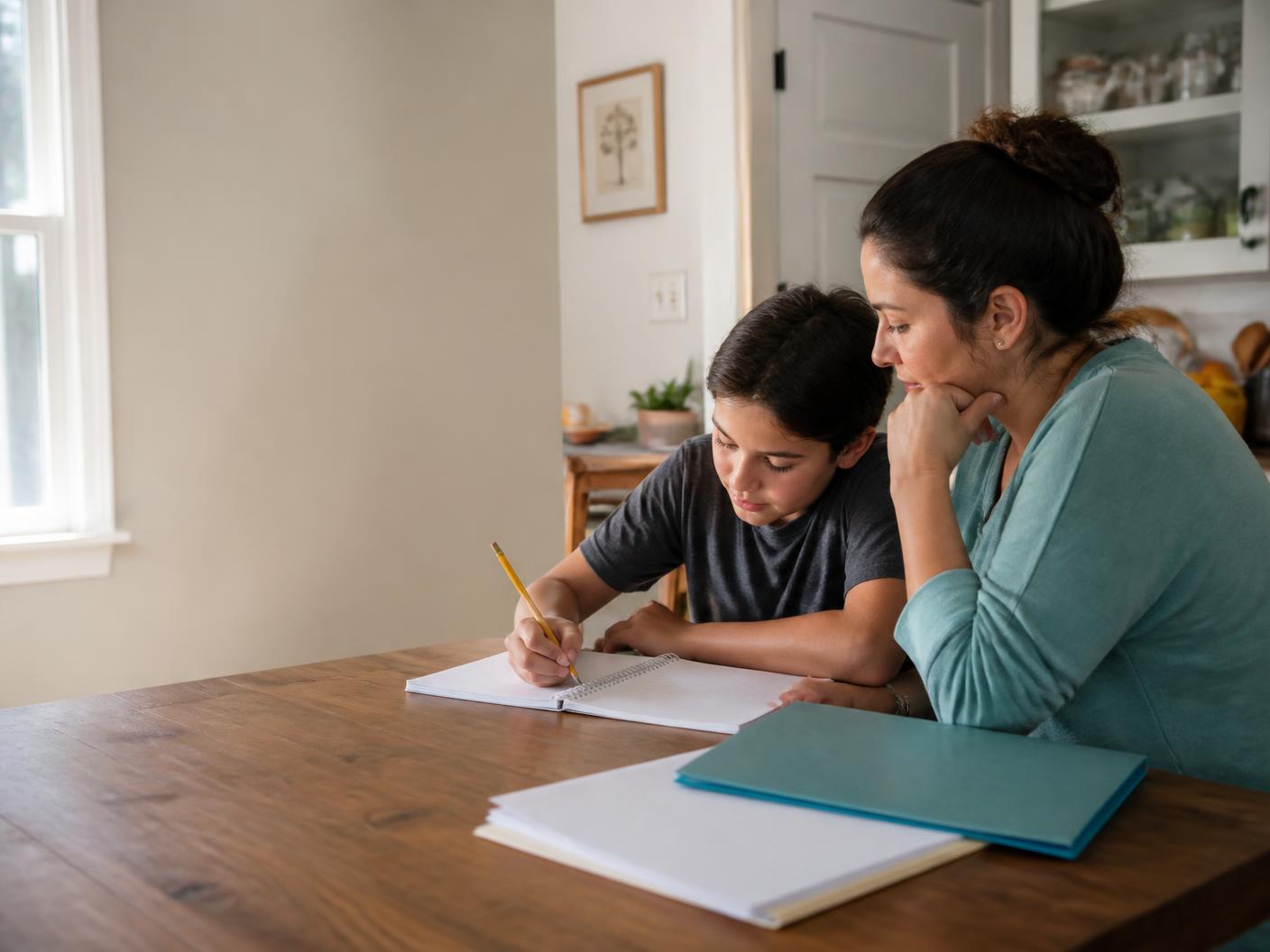 A parent supporting their child with schoolwork at the kitchen table